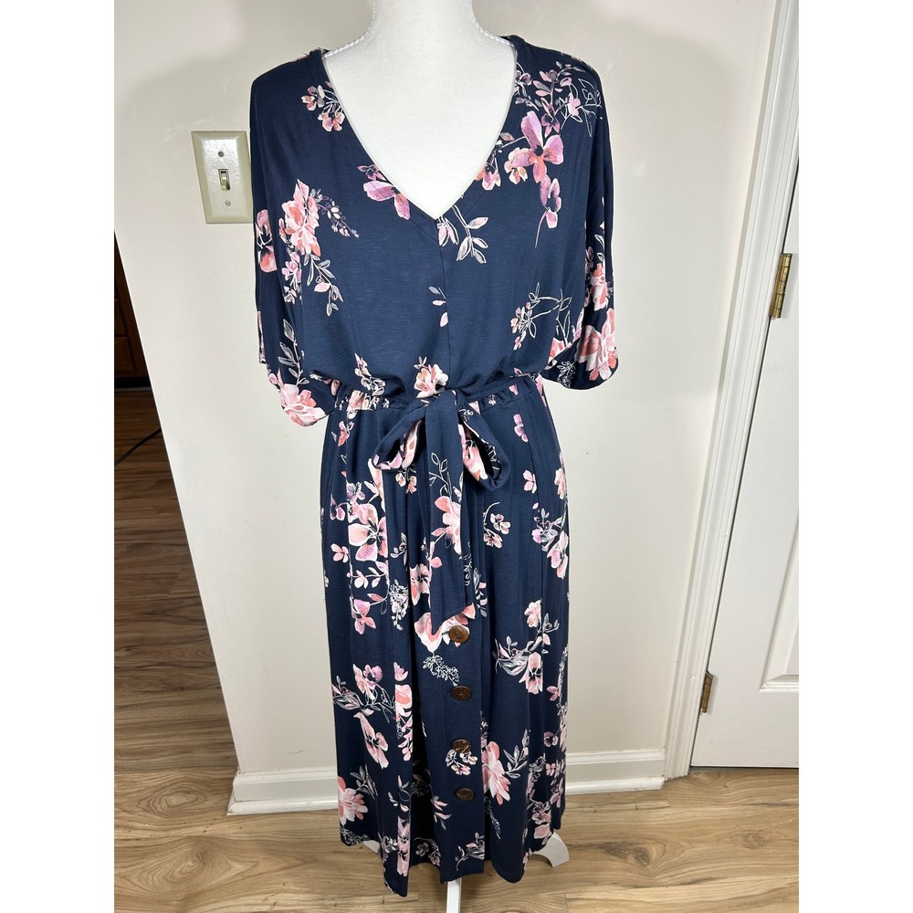 J. Jill Midi‎ Dress M Navy Pink Floral Button Front Pockets Slub Dolman Sleeve